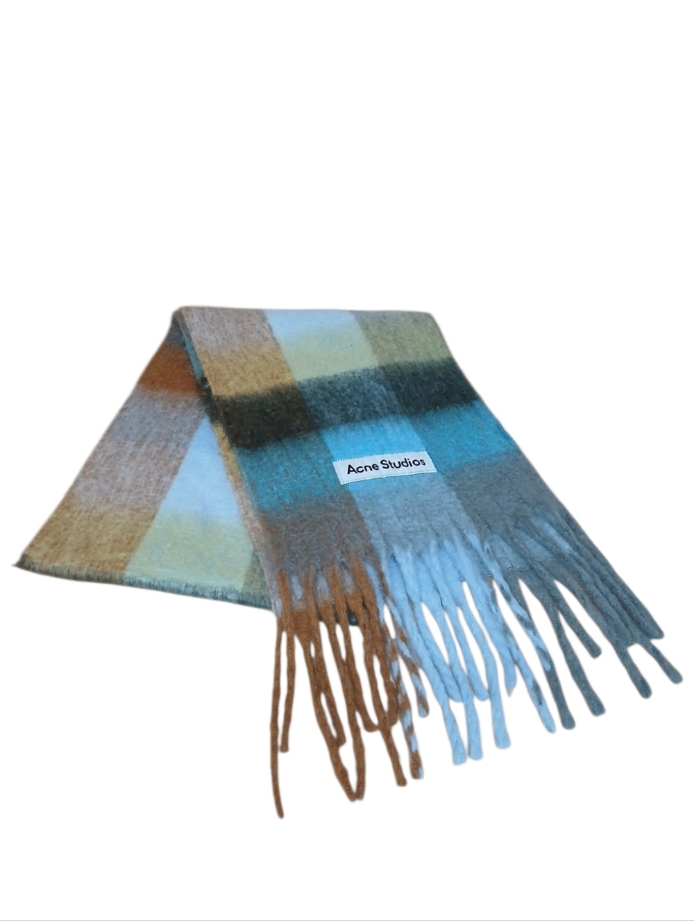 Acne Oversized Multicolor Plaid Fringe Scarf in Blue, Brown, Cream